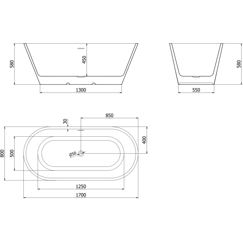 Mexen Luna voľne stojaca vaňa 170 x 80 cm, biela, biely prepad - 52031708000-20