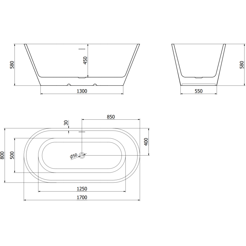 Mexen Luna voľne stojaca vaňa 170 x 80 cm, biela, prepad brúsený nikel - 52031708000-97
