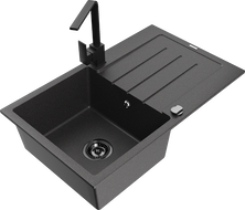 Mexen Bruno granitový drez s 1 komorou s odkvapkávačom a kuchynskou batériou Rita, čierny s bodkami - 6513-76-670300-70-B