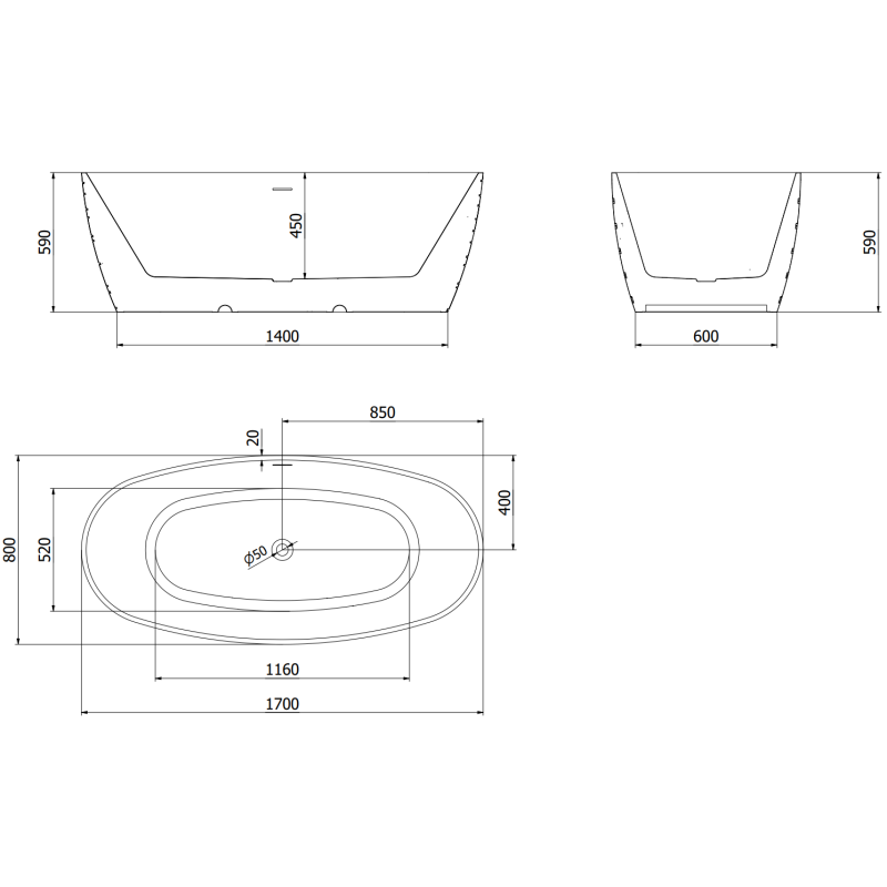Mexen Olea voľne stojaca vaňa vzor 170 x 80 cm, biela, preliv gun gray brúsený - 52821708000-66