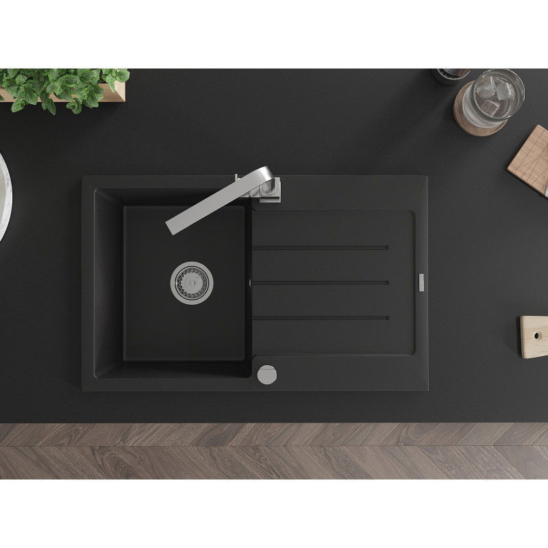 Mexen Bruno granitový drez 1-komorový s odkvapkávačom a kuchynskou batériou Rita, čierny - 6513-77-670300-00