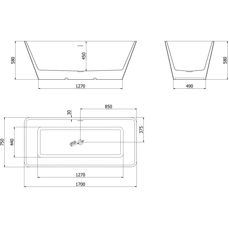 Mexen Tava voľne stojaca ryhovaná vaňa 170 x 75 cm, biela/čierna, prepad gun grey brúsený - 52851707575-66
