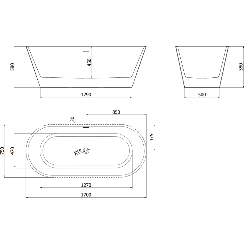 Mexen Yara voľne stojaca vaňa drážkovaná 170 x 75 cm, biela, prepad brúsená meď - 52861707500-65