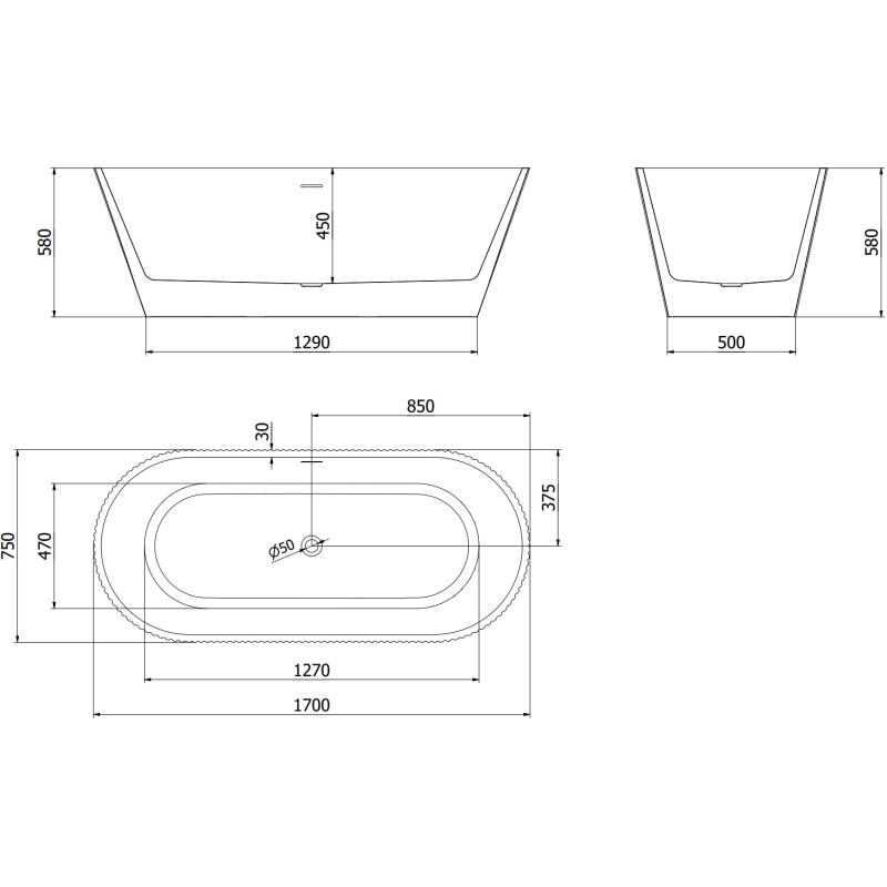 Mexen Yara voľne stojaca ryhovaná vaňa 170 x 75 cm, biela/čierna, prepad čierny - 52861707575-70