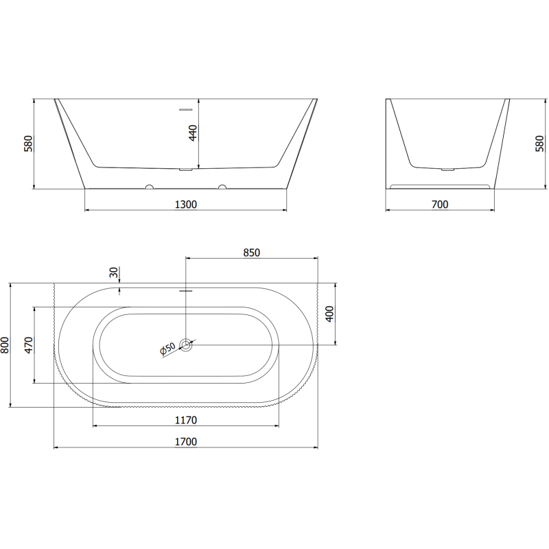 Mexen Oris voľne stojaca prístenná rebrovaná vaňa 170 x 80 cm, biela/sivá, prepad zlatý kefovaný - 52871708062-55