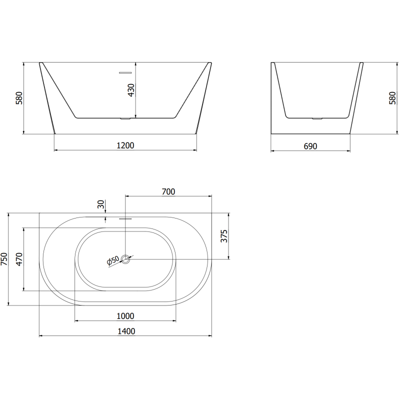 Mexen Oval voľne stojaca pri stene 140 x 75 cm, biela, biely prepad - 52671407500-20