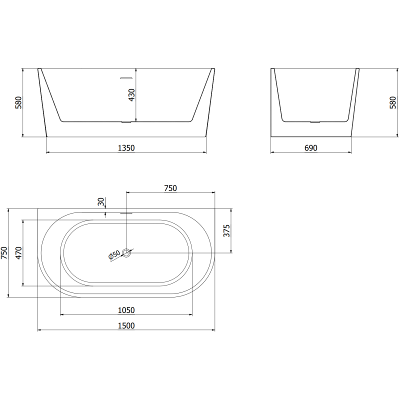 Mexen Oval voľne stojaca vaňa pri stene 150 x 75 cm, biela/čierna, prepad brúsená gun gray - 52671507575-66
