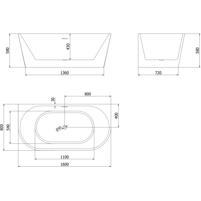 Mexen Oval voľne stojaca vaňa pri stene 160 x 80 cm, biela, prepad gun metal - 52671608000-95