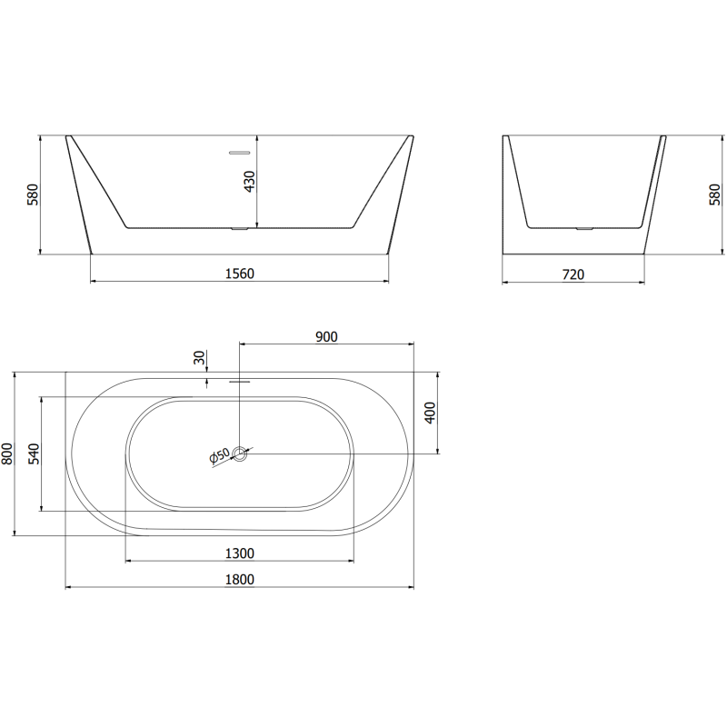 Mexen Oval voľne stojaca pri stene vaňa 180 x 80 cm, biela, prepad chróm - 52671808000-01