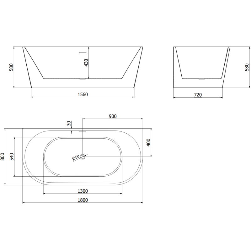 Mexen Oval voľne stojaca pri stene vaňa 180 x 80 cm, biela/čierna, prepad gun metal - 52671808075-95