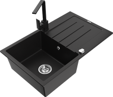 Mexen Bruno žulový jeden oddielový kuchynský drez s odkvapkávačom a kuchynskou batériou Rita, čierny - 6513-77-670300-70
