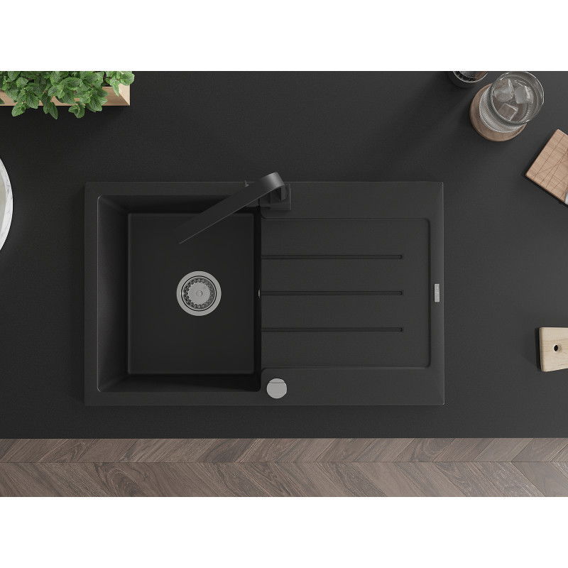 Mexen Bruno žulový jeden oddielový kuchynský drez s odkvapkávačom a kuchynskou batériou Rita, čierny - 6513-77-670300-70