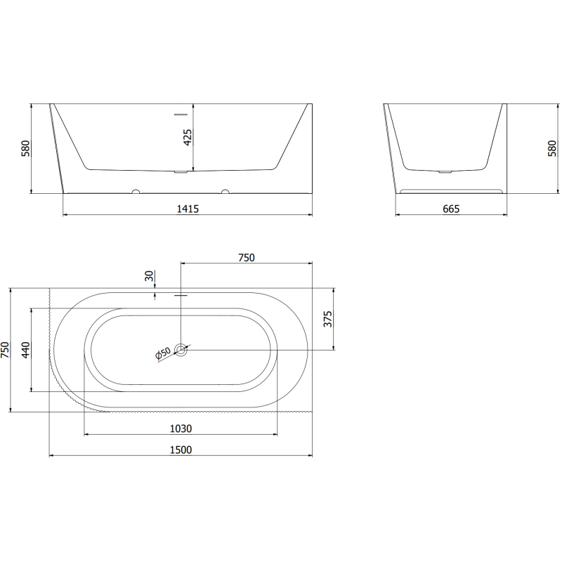 Mexen Silo voľne stojaca rohová pravá ryhovaná vaňa 150 x 75 cm, biela, biely prepad - 52891507500P-20