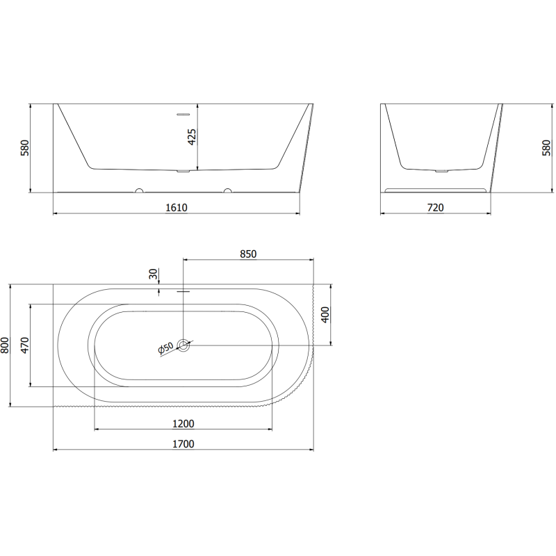 Mexen Silo voľne stojaca vaňa rohová ľavá ryhovaná 170 x 80 cm, biela, prepad čierny - 52891708000L-70