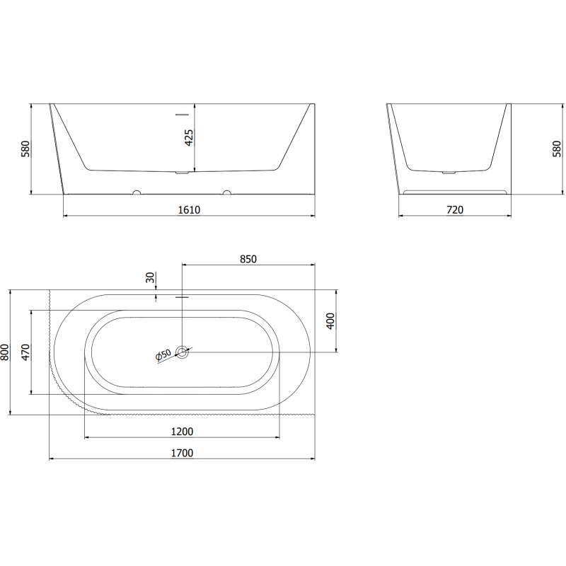 Mexen Silo voľne stojaca rohová vaňa pravá, ryhovaná 170 x 80 cm, biela/čierna, prepad gun metal - 52891708075P-95