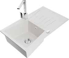 Mexen Cesar žulový drez 1-komorový s odkvapkávačom a kuchynskou batériou Rita, biely - 6514-20-670300-00