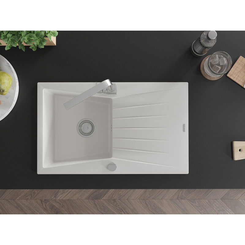 Mexen Cesar žulový drez 1-komorový s odkvapkávačom a kuchynskou batériou Rita, biely - 6514-20-670300-00