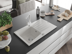 Mexen Cesar žulový kuchynský drez s 1 komorou, odkvapkávačom a kuchynskou batériou Rita, biely - 6514-20-670300-20