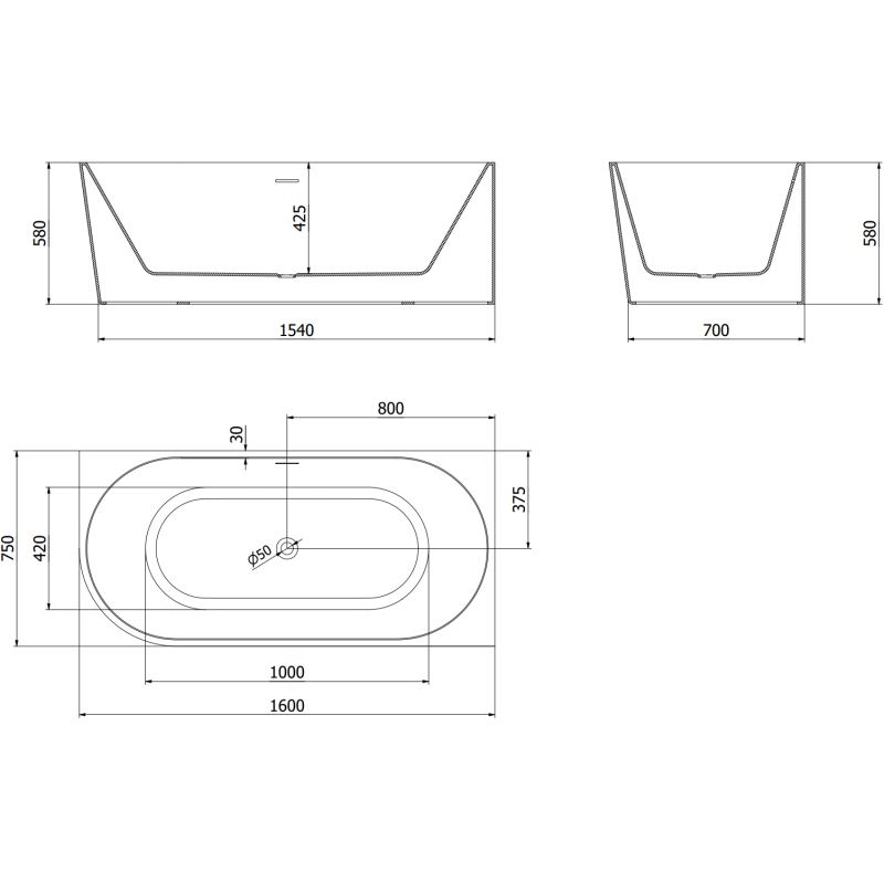 Mexen Mia voľne stojaca rohová vaňa pravá 160 x 75 cm, biela, prepad čierny - 52691607500P-70