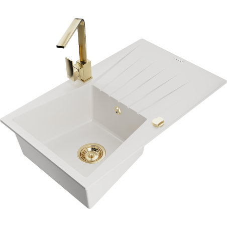 Mexen Cesar granitový drez 1-komorový s odkvapkávačom a kuchynskou batériou Rita, biely - 6514-20-670300-50