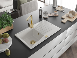 Mexen Cesar granitový drez 1-komorový s odkvapkávačom a kuchynskou batériou Rita, biely - 6514-20-670300-50