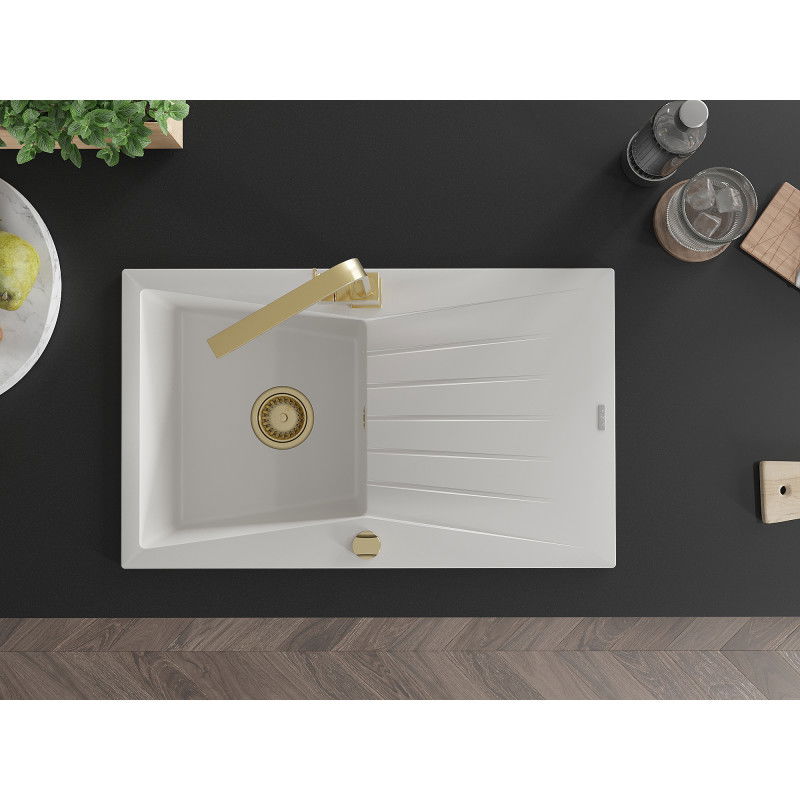 Mexen Cesar granitový drez 1-komorový s odkvapkávačom a kuchynskou batériou Rita, biely - 6514-20-670300-50