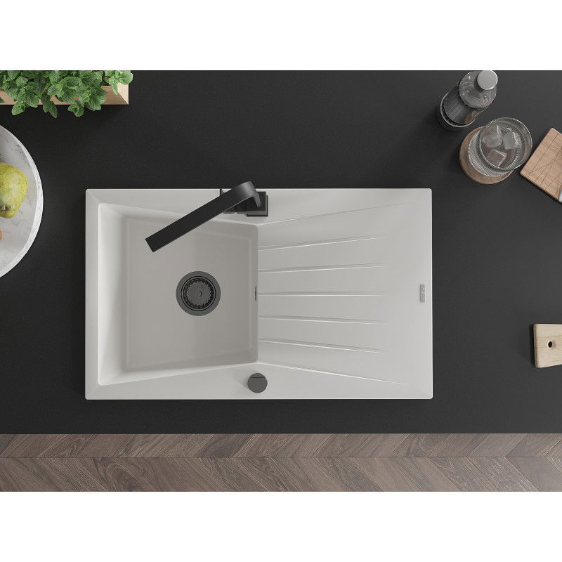 Mexen Cesar žulový kuchynský drez 1-komorový s odkvapkávačom a kuchynskou batériou Rita, biela - 6514-20-670300-70