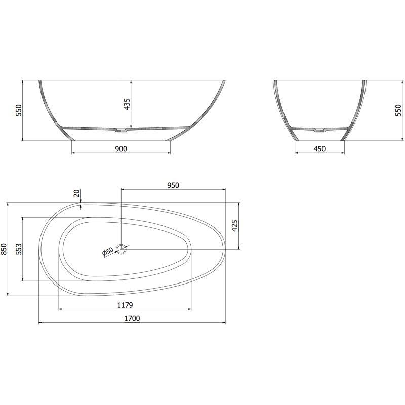 Mexen Glass denim voľne stojaca transparentná vaňa 170 x 85 cm, chrómová zátka - 58061708507