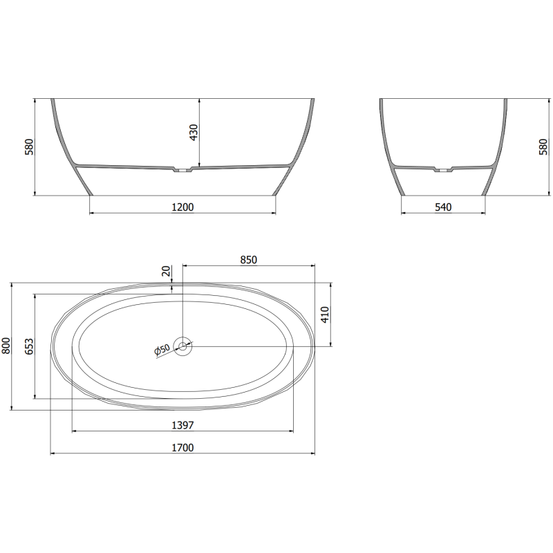 Mexen Orax čierna voľne stojaca priehľadná vaňa 170 x 80 cm, chrómová zátka - 58081708013