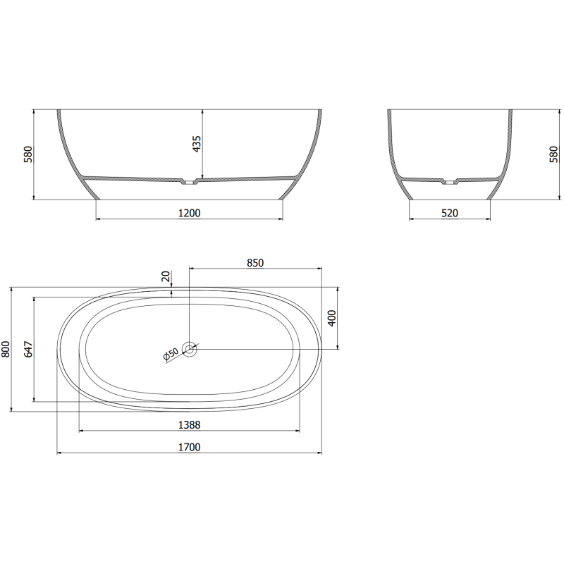 Mexen Pure honey voľne stojaca transparentná vaňa 170 x 80 cm, chrómová zátka - 58071708015