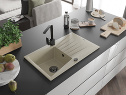 Mexen Cesar kamenný kuchynský drez s 1 miskou s odkvapkávačom a kuchynskou batériou Rita, béžový - 6514-69-670300-70