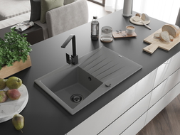 Mexen Cesar žulový drez 1-komorový s odkvapkávačom a kuchynskou batériou Rita, sivý - 6514-71-670300-70-B