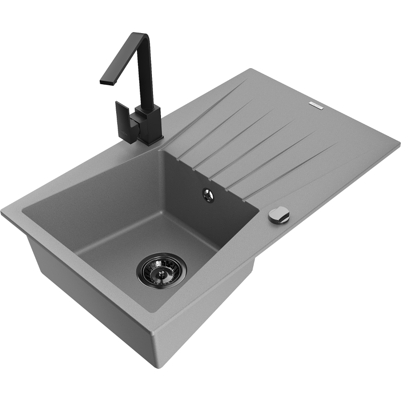 Mexen Cesar žulový drez 1-komorový s odkvapkávačom a kuchynskou batériou Rita, sivý - 6514-71-670300-70-B