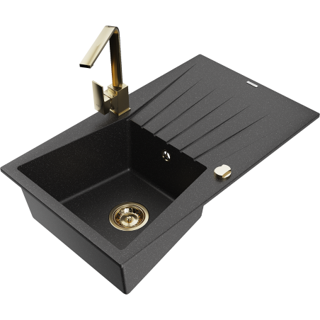 Mexen Cesar Granitový drez s 1 komorou s odkvapávačom a kuchynskou batériou Rita, čierny/strieborný metalík