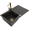Mexen Cesar granitový jednodrezový drez s odkvapkávačom a kuchynskou batériou Rita, čierny/zlatý metalik