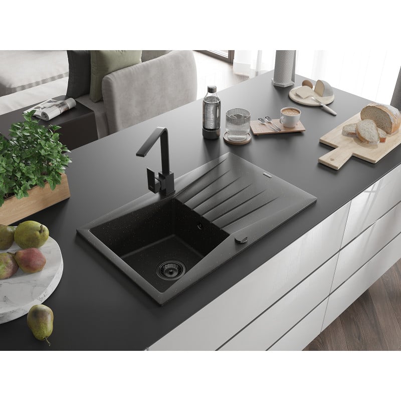 Mexen Cesar granitový jednokomorový drez s odkvapkávačom a kuchynskou batériou Rita, čierny/zlatý metalik