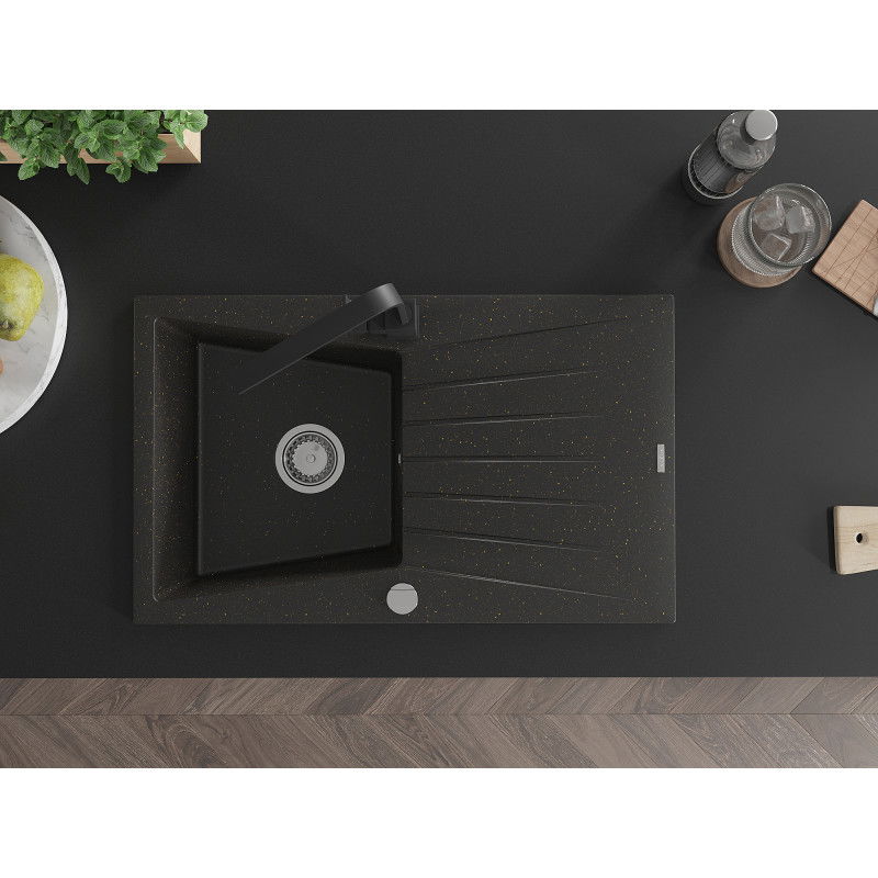 Mexen Cesar žulový kuchynský drez s jednou komorou, odkvapkávačom a kuchynskou batériou Rita, čierny/zlatý metalický