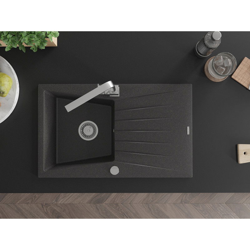 Mexen Cesar žulový drez 1-komorový s odkvapkávačom a kuchynskou batériou Rita, čierna bodkovaná - 6514-76-670300-00