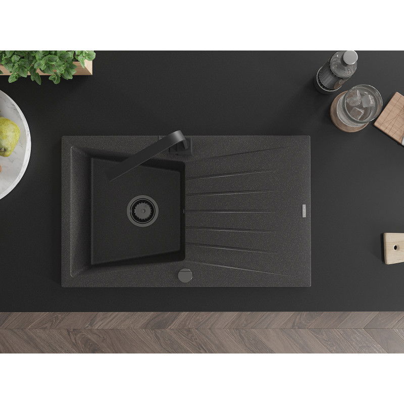 Mexen Cesar žulový drez 1-komorový s odkvapkávačom a kuchynskou batériou Rita, čierny kropenatý - 6514-76-670300-70-B
