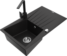 Mexen Cesar granitový kuchynský drez s 1 komorou, odkvapom a kuchynskou batériou Rita, čierny - 6514-77-670300-70