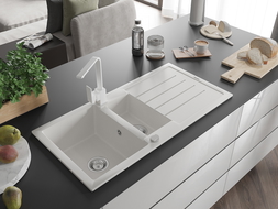 Mexen Andres žulový drez 1,5-komorový s odkvapkávačom a kuchynskou batériou Rita, biely - 6515-20-670300-20