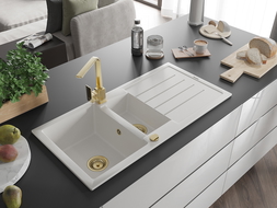 Mexen Andres žulový drez 1,5-komorový s odkvapkávačom a kuchynskou batériou Rita, biely - 6515-20-670300-50