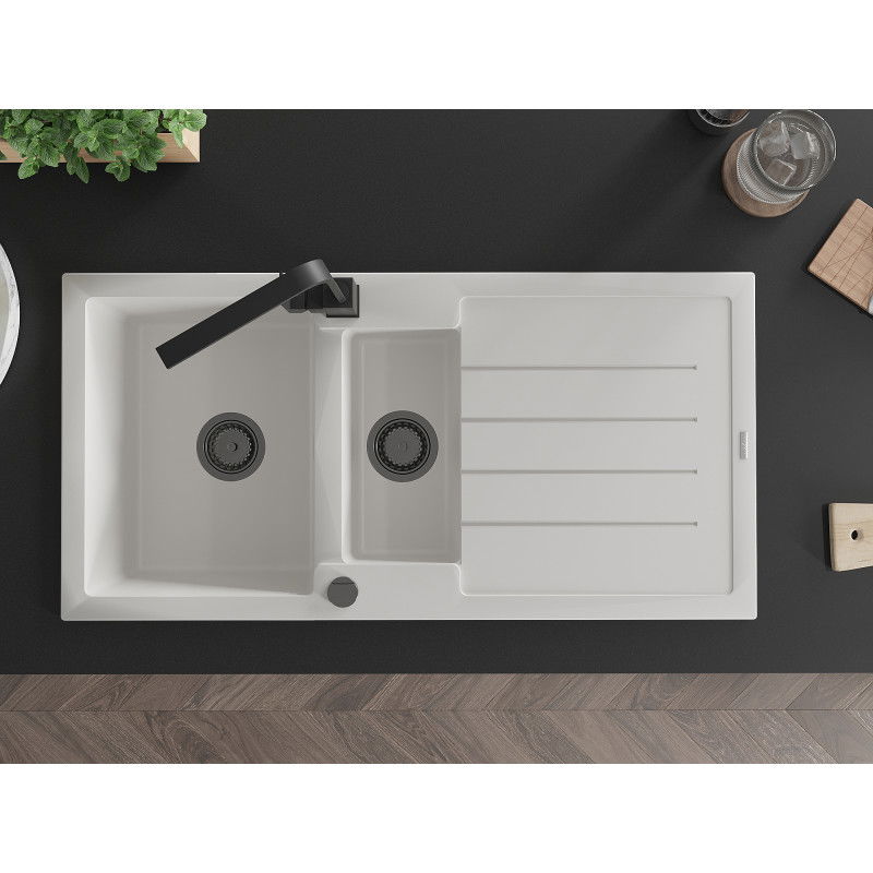 Mexen Andres žulový drez 1,5-komorový s odkvapkávačom a kuchynskou batériou Rita, biely - 6515-20-670300-70