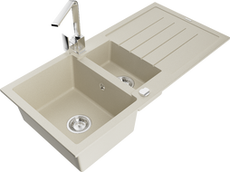 Mexen Andres granitový drez 1,5-komorový s odkvapkávačom a kuchynskou batériou Rita, béžový - 6515-69-670300-00