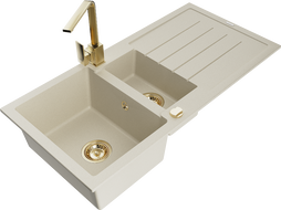 Mexen Andres žulový drez s 1,5 komorou s odkvapkávačom a kuchynskou batériou Rita, béžový - 6515-69-670300-50