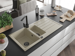 Mexen Andres žulový drez 1,5-komorový s odkvapkávačom a kuchynskou batériou Rita, béžový - 6515-69-670300-70