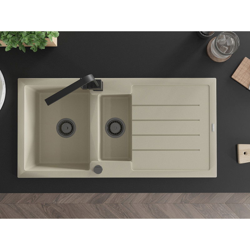 Mexen Andres žulový drez 1,5-komorový s odkvapkávačom a kuchynskou batériou Rita, béžový - 6515-69-670300-70