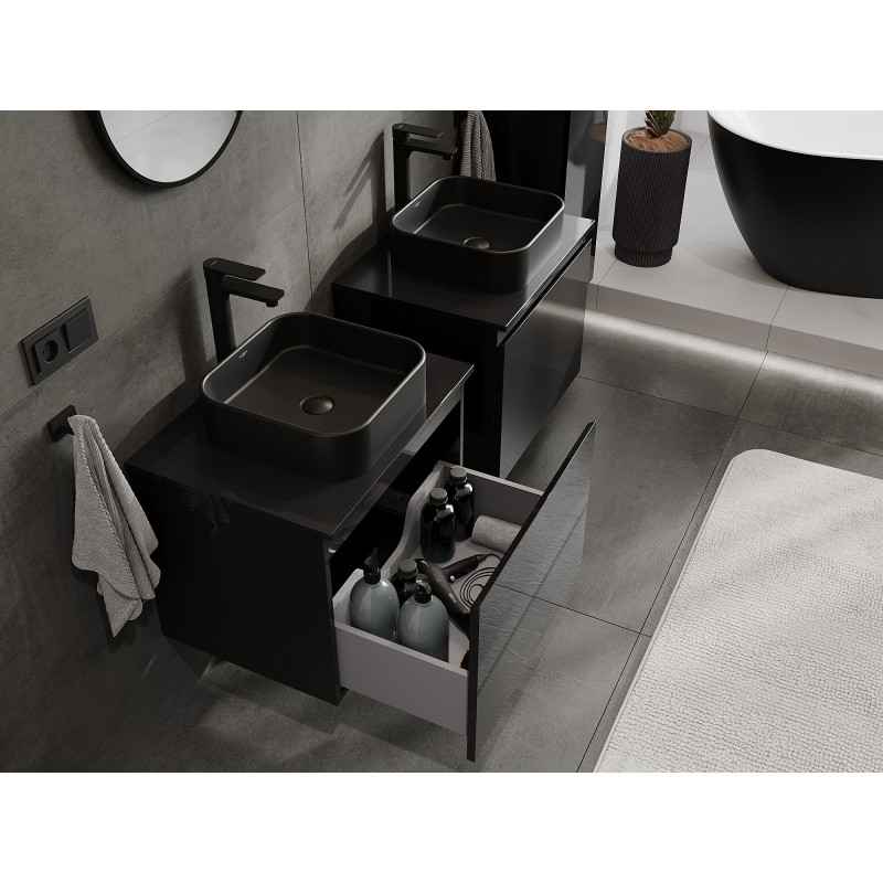 Mexen Orio kúpeľňová skrinka pod umývadlo 60 cm s doskou, 1 zásuvka, čierny lesk - 91A10-06047-1-BFC70