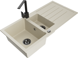 Mexen Andres žulový drez 1,5-komorový s odkvapkávačom a kuchynskou batériou Rita, béžový - 6515-69-670300-70