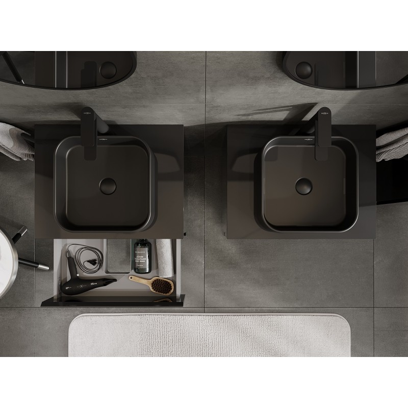 Mexen Orio kúpeľňová skrinka pod umývadlo 60 cm s doskou, 2 zásuvky, čierny lesk - 91A10-06047-2-BFFC70